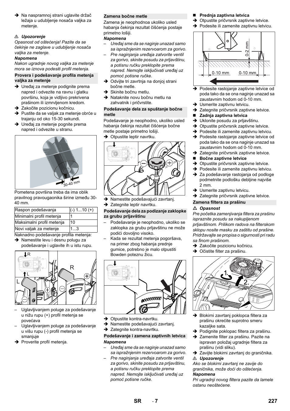 Zamena bočne metle, Podešavanje dela za spuštanje bočne metle, Podešavanje i zamena zaptivnih letvica | Zamena filtera za prašinu | Karcher KM 75-40 W P User Manual | Page 227 / 284