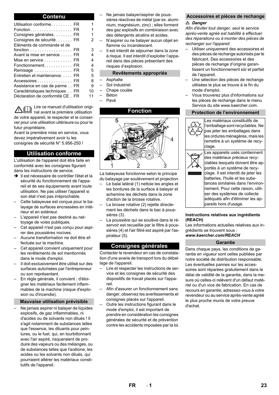 Français, Contenu, Utilisation conforme | Mauvaise utilisation prévisible, Revêtements appropriés, Fonction, Consignes générales, Accessoires et pièces de rechange, Protection de l’environnement, Garantie | Karcher KM 75-40 W P User Manual | Page 23 / 284