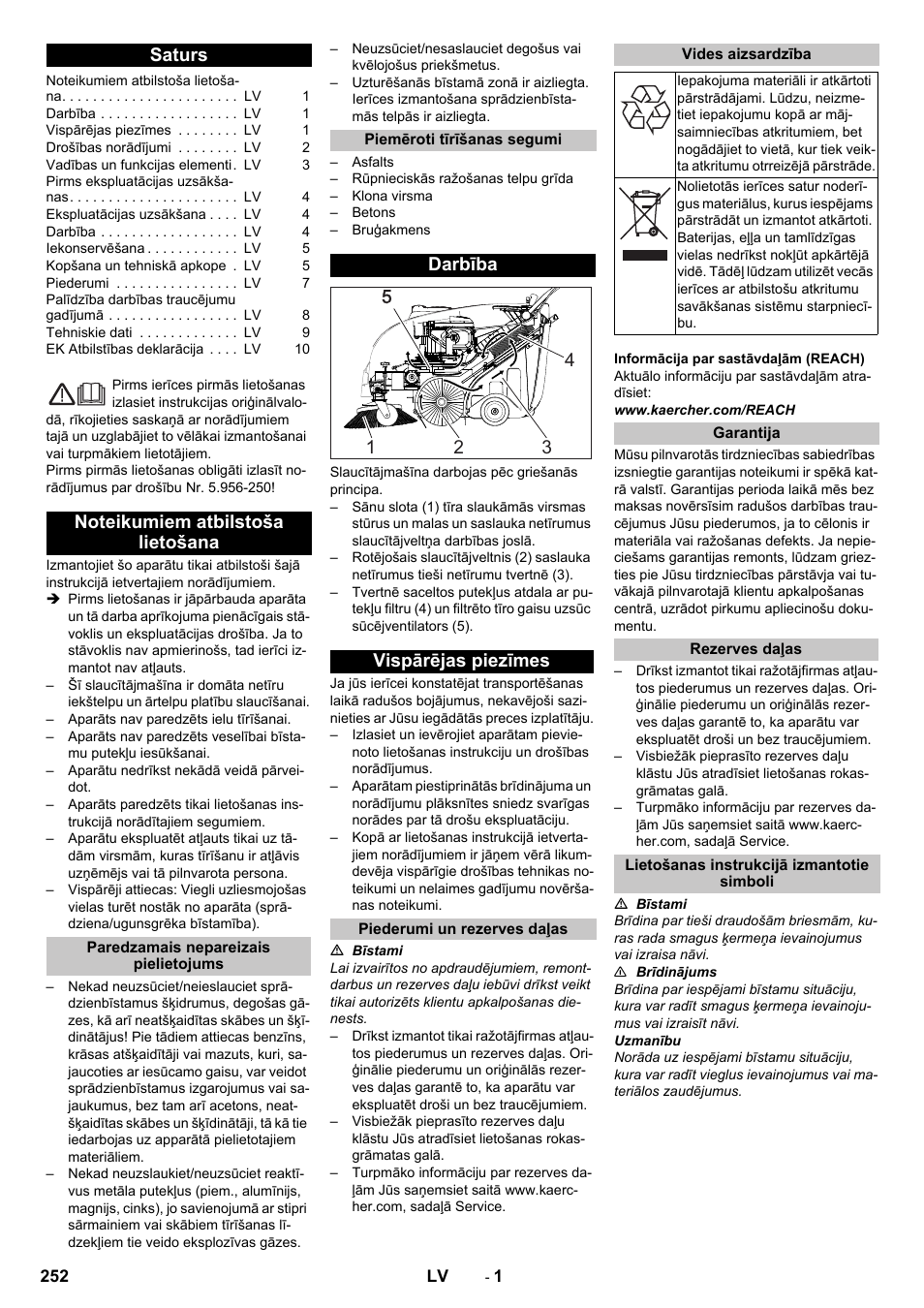 Latviešu, Saturs, Noteikumiem atbilstoša lietošana | Paredzamais nepareizais pielietojums, Piemēroti tīrīšanas segumi, Darbība, Vispārējas piezīmes, Piederumi un rezerves daļas, Vides aizsardzība, Garantija | Karcher KM 75-40 W P User Manual | Page 252 / 284