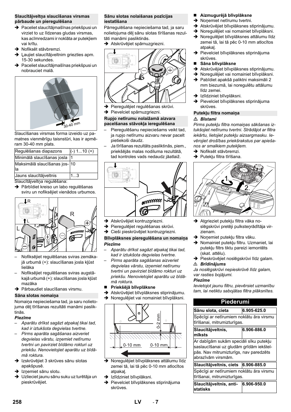 Sāna slotas nomaiņa, Sānu slotas nolaišanas pozīcijas iestatīšana, Blīvplāksnes pieregulēšana un nomaiņa | Putekļu filtra nomaiņa, Piederumi | Karcher KM 75-40 W P User Manual | Page 258 / 284