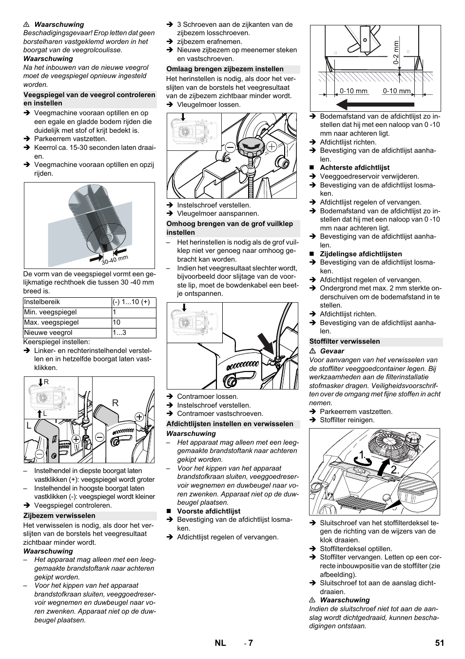 Zijbezem verwisselen, Omlaag brengen zijbezem instellen, Omhoog brengen van de grof vuilklep instellen | Afdichtlijsten instellen en verwisselen, Stoffilter verwisselen | Karcher KM 75-40 W P User Manual | Page 51 / 284