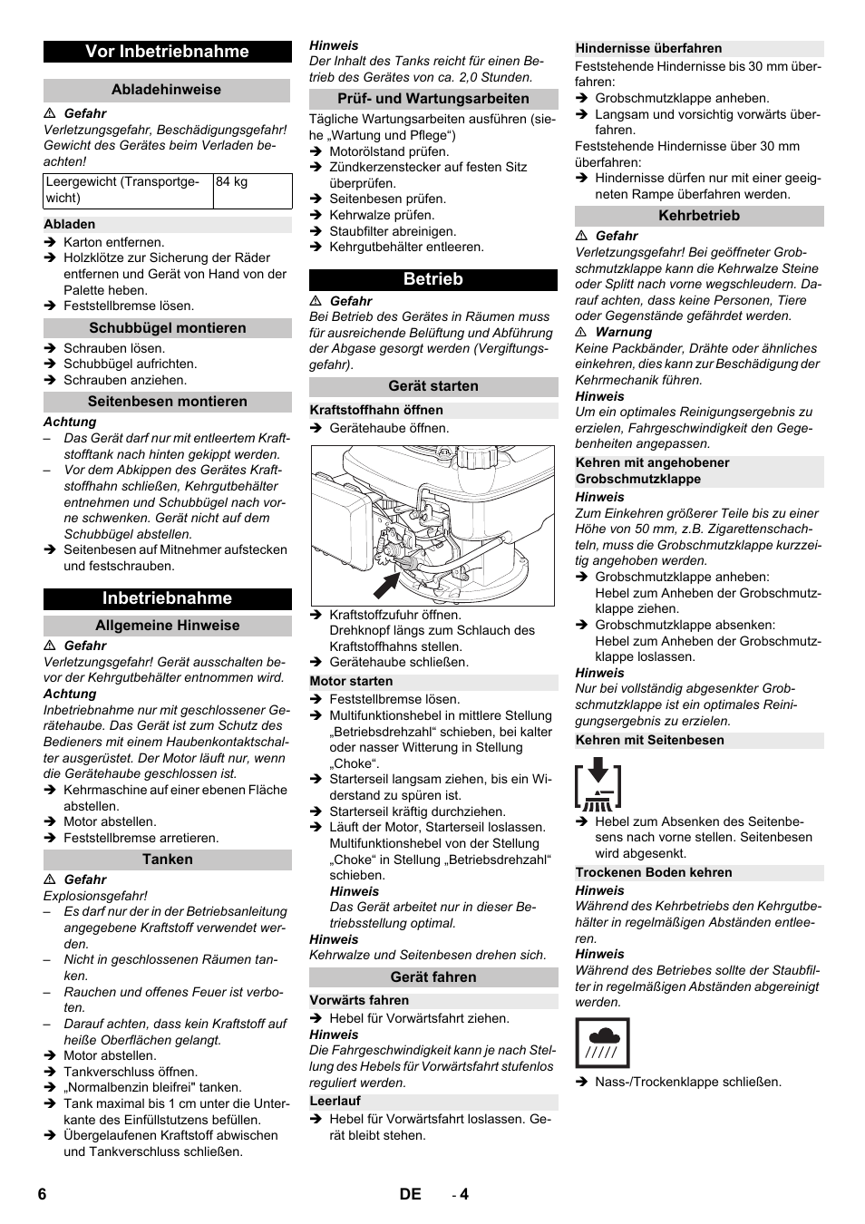 Vor inbetriebnahme, Abladehinweise, Abladen | Schubbügel montieren, Seitenbesen montieren, Inbetriebnahme, Allgemeine hinweise, Tanken, Prüf- und wartungsarbeiten, Betrieb | Karcher KM 75-40 W P User Manual | Page 6 / 284