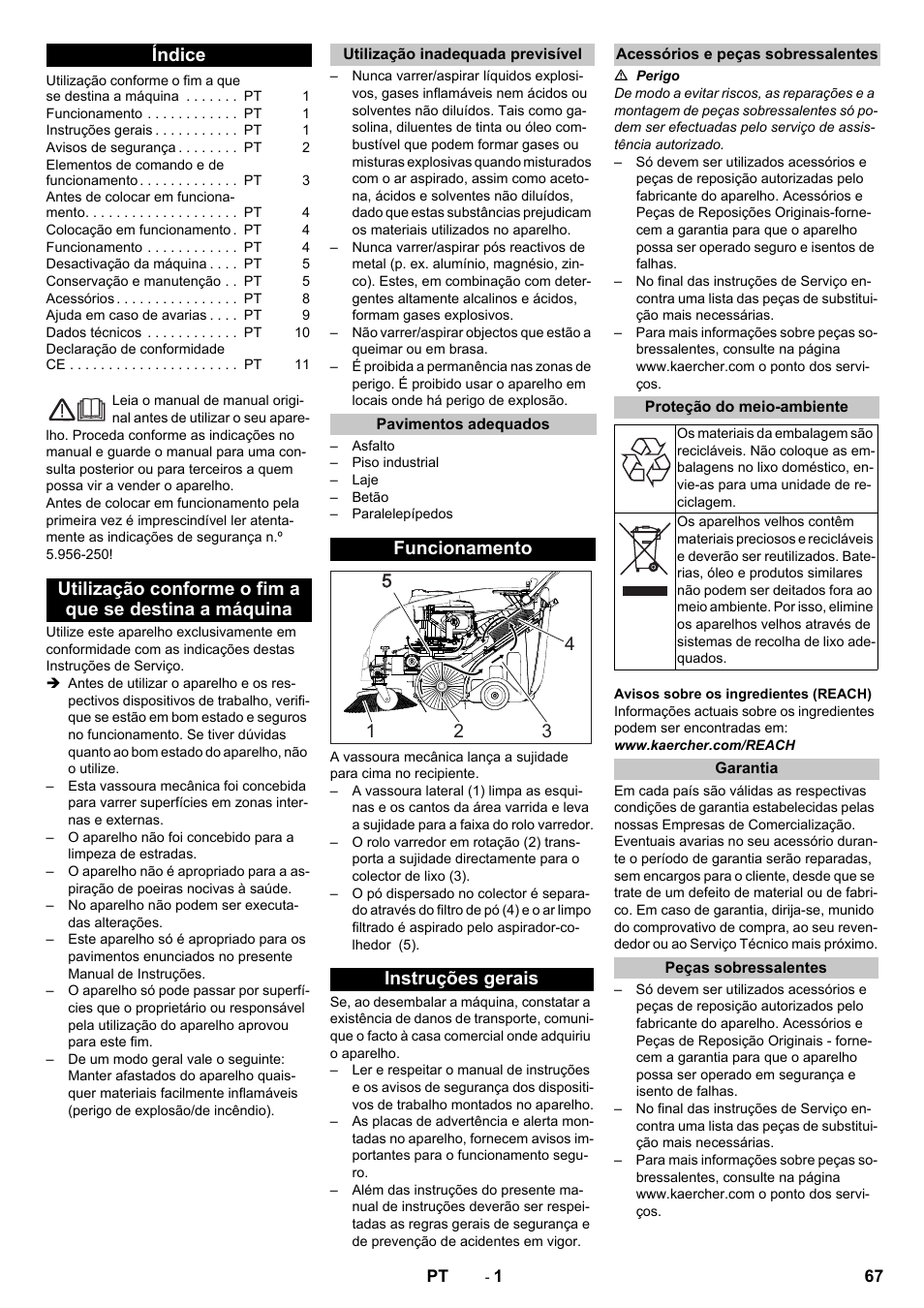 Português, Índice, Utilização inadequada previsível | Pavimentos adequados, Funcionamento, Instruções gerais, Acessórios e peças sobressalentes, Proteção do meio-ambiente, Garantia, Peças sobressalentes | Karcher KM 75-40 W P User Manual | Page 67 / 284