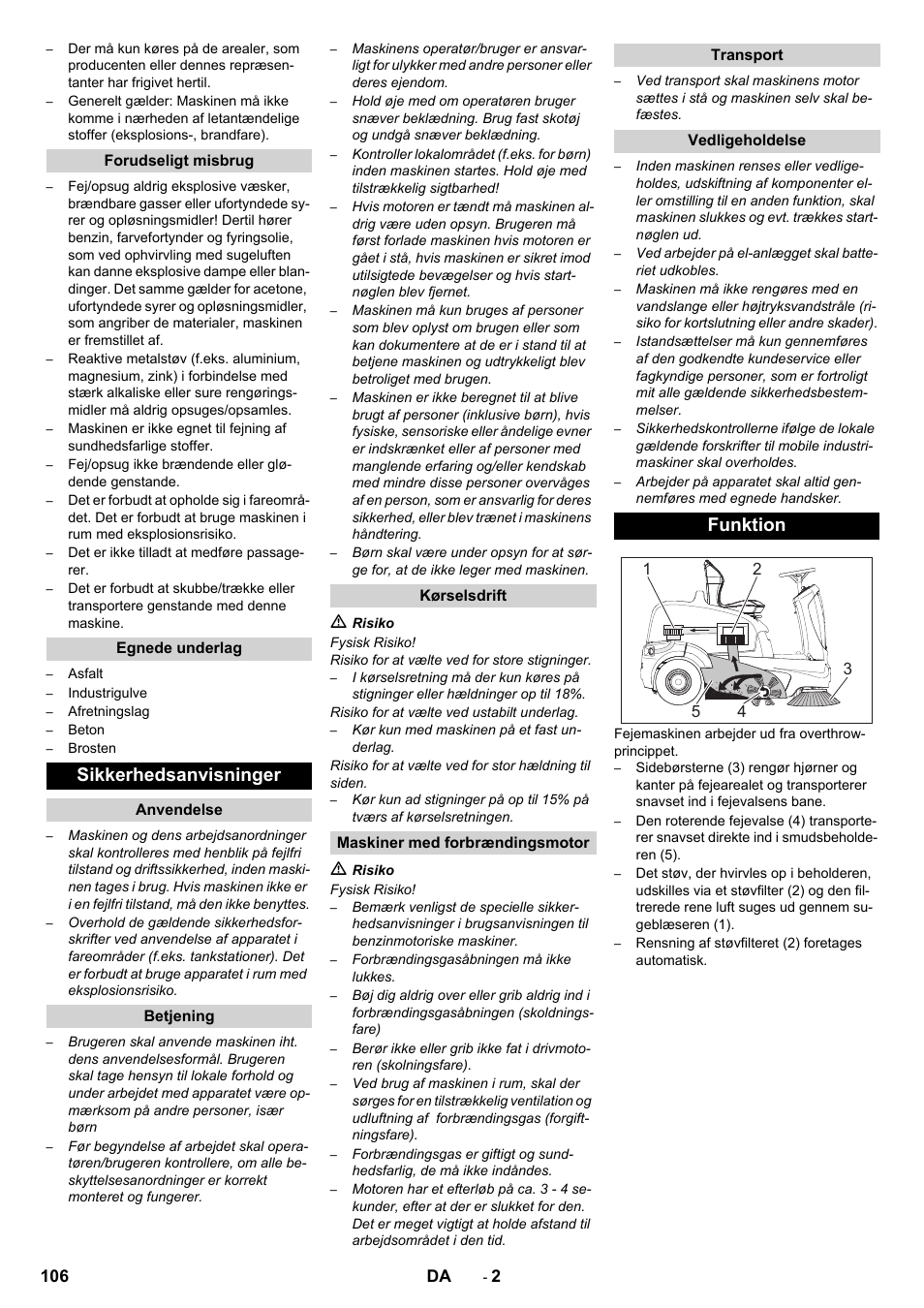 Sikkerhedsanvisninger, Funktion | Karcher KM 90-60 R P Advanced User Manual | Page 106 / 397