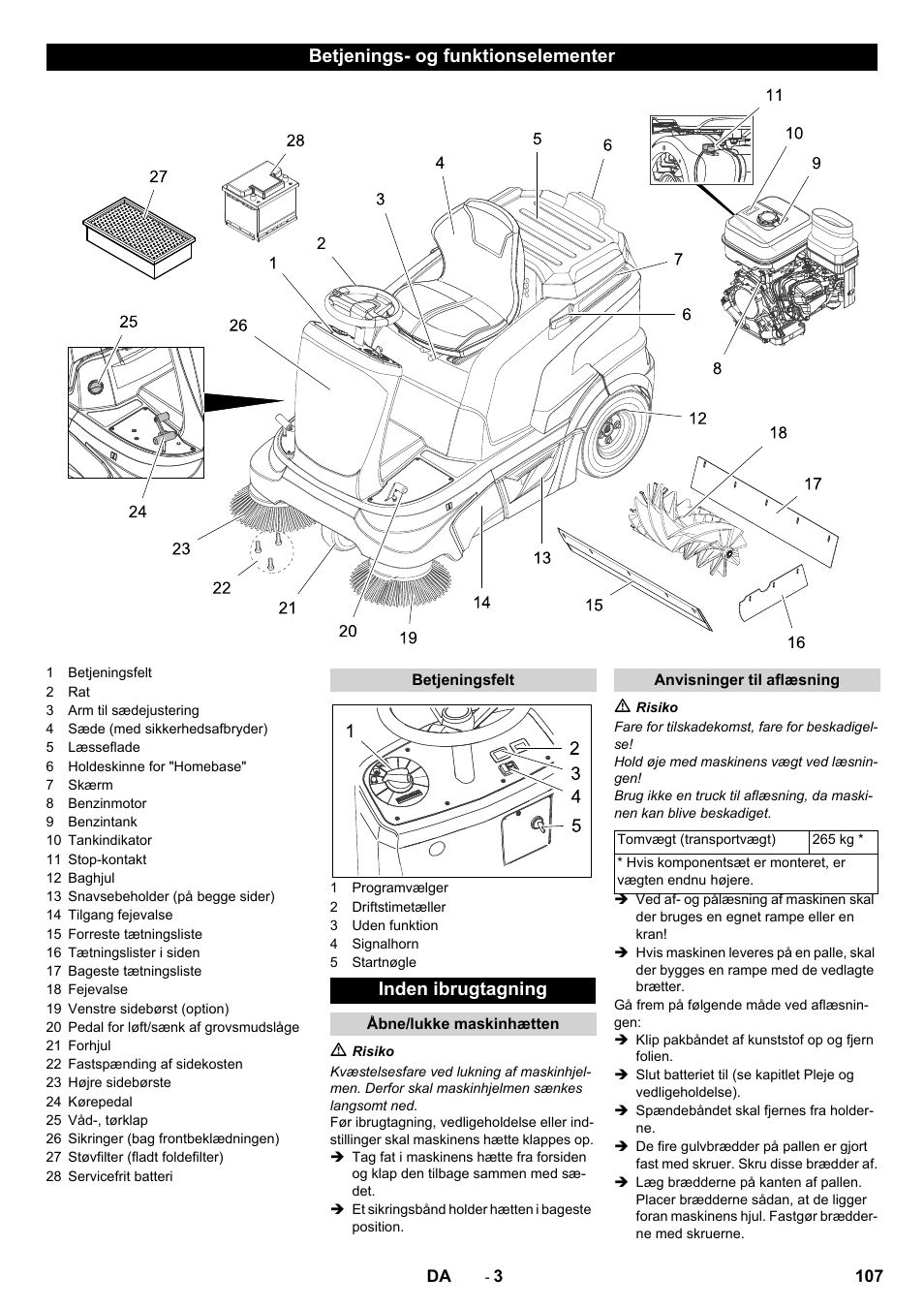 Betjenings- og funktionselementer, Inden ibrugtagning | Karcher KM 90-60 R P Advanced User Manual | Page 107 / 397