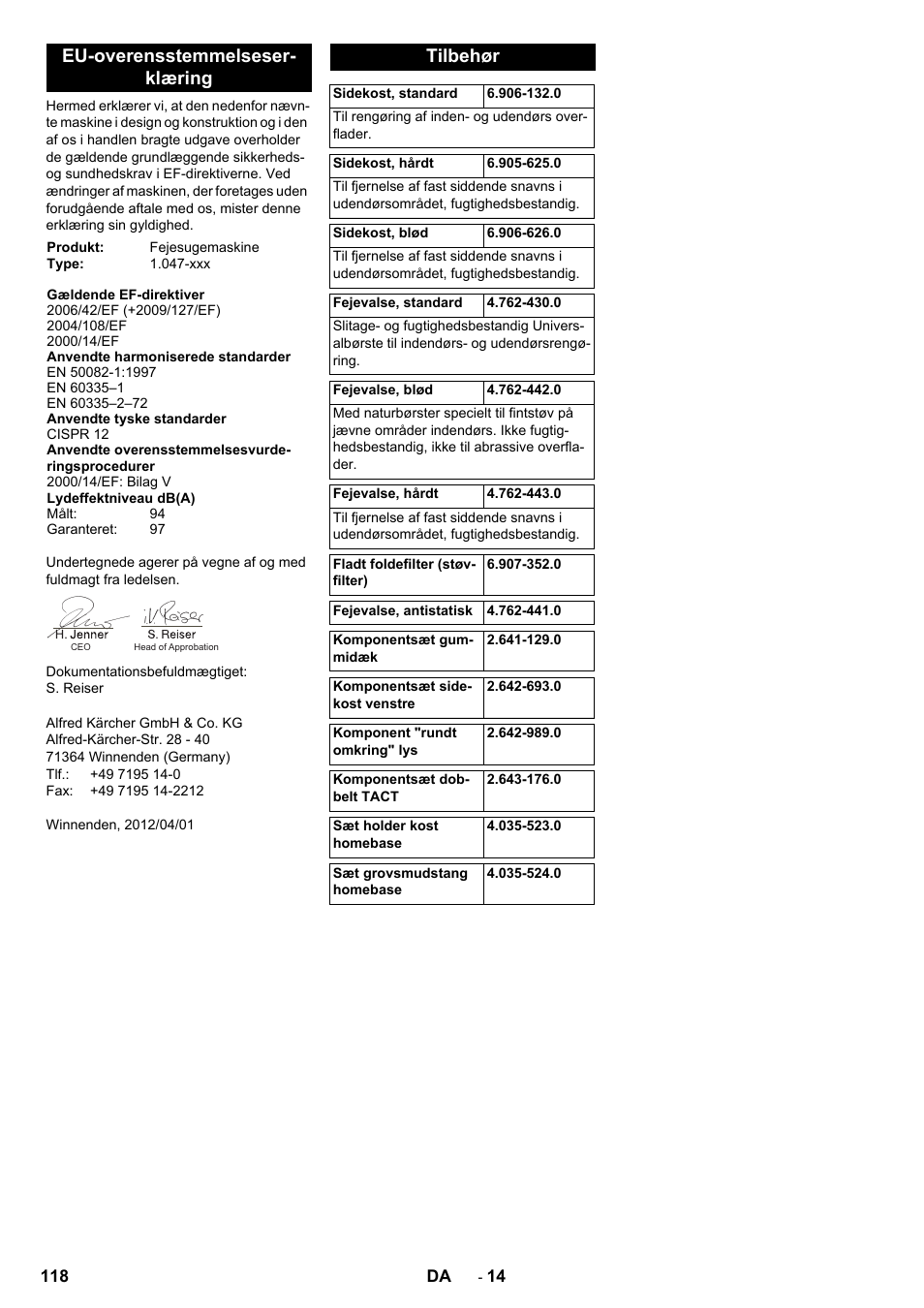 Eu-overensstemmelseser- klæring, Tilbehør | Karcher KM 90-60 R P Advanced User Manual | Page 118 / 397