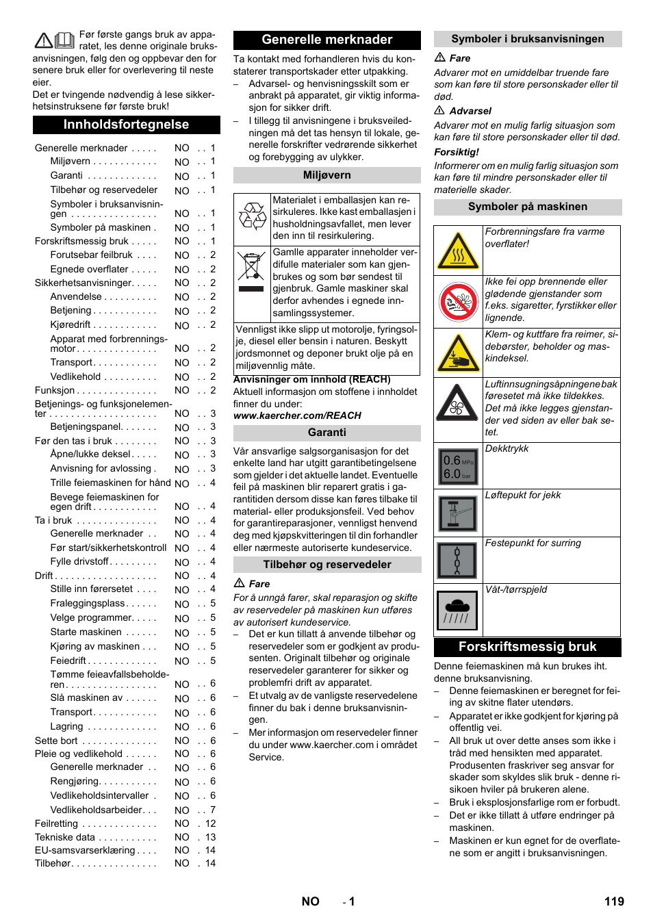 Norsk, Innholdsfortegnelse, Generelle merknader | Forskriftsmessig bruk | Karcher KM 90-60 R P Advanced User Manual | Page 119 / 397