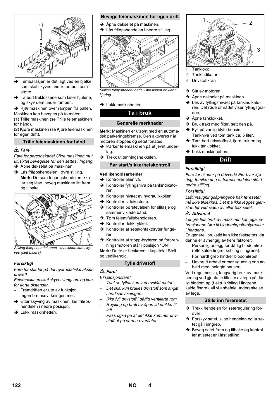 Ta i bruk, Drift | Karcher KM 90-60 R P Advanced User Manual | Page 122 / 397