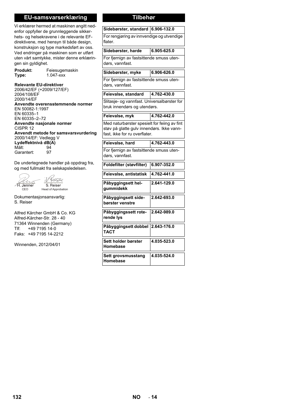 Eu-samsvarserklæring, Tilbehør | Karcher KM 90-60 R P Advanced User Manual | Page 132 / 397