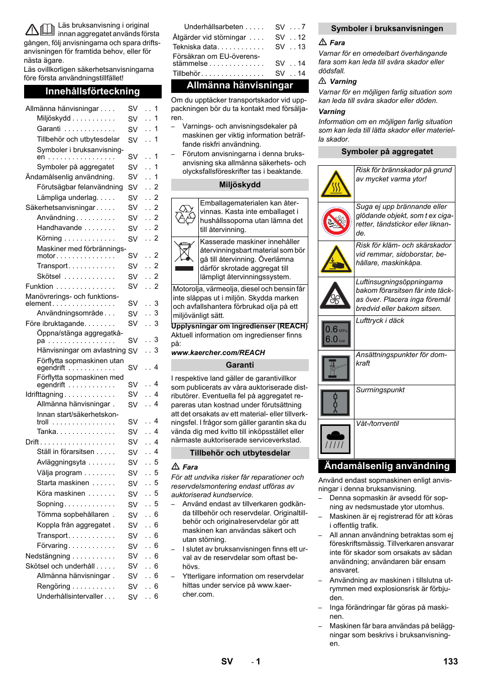 Svenska, Innehållsförteckning, Allmänna hänvisningar | Ändamålsenlig användning | Karcher KM 90-60 R P Advanced User Manual | Page 133 / 397