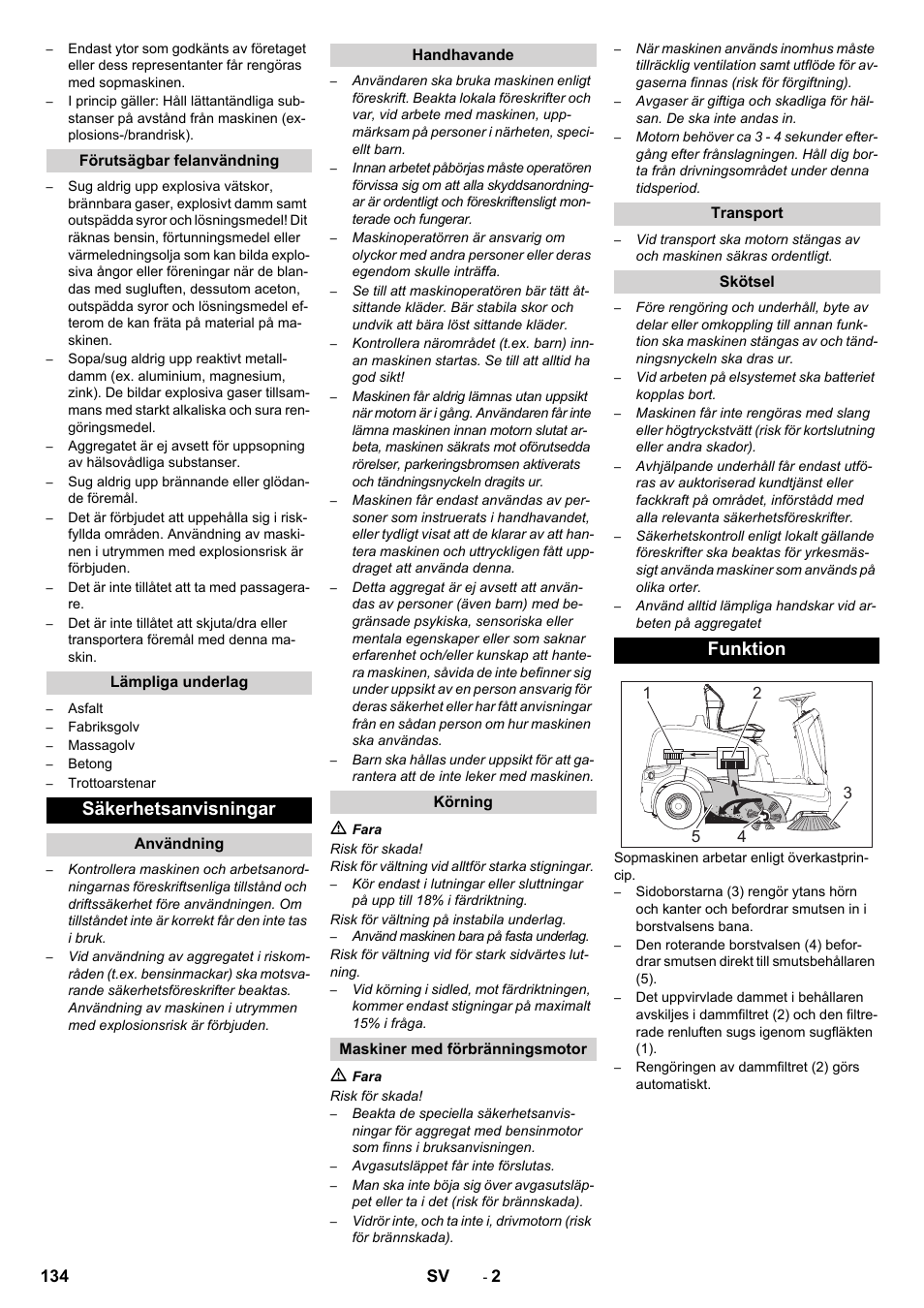 Säkerhetsanvisningar, Funktion | Karcher KM 90-60 R P Advanced User Manual | Page 134 / 397