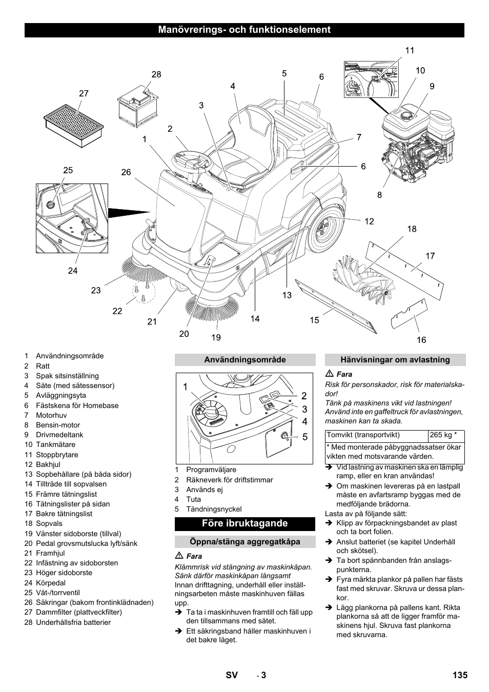 Manövrerings- och funktionselement, Före ibruktagande | Karcher KM 90-60 R P Advanced User Manual | Page 135 / 397