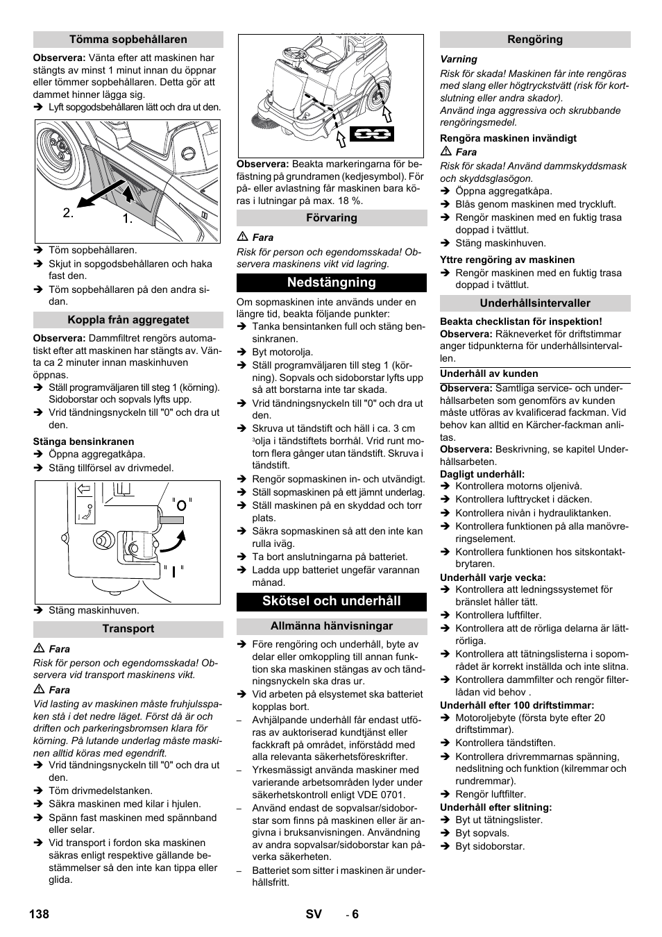 Nedstängning skötsel och underhåll | Karcher KM 90-60 R P Advanced User Manual | Page 138 / 397