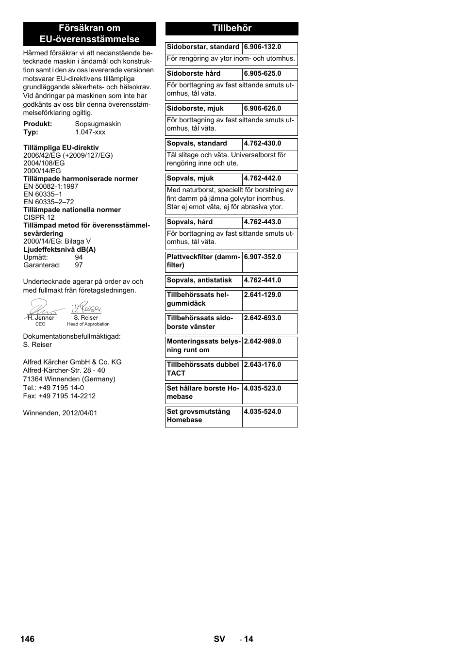 Försäkran om eu-överensstämmelse, Tillbehör | Karcher KM 90-60 R P Advanced User Manual | Page 146 / 397