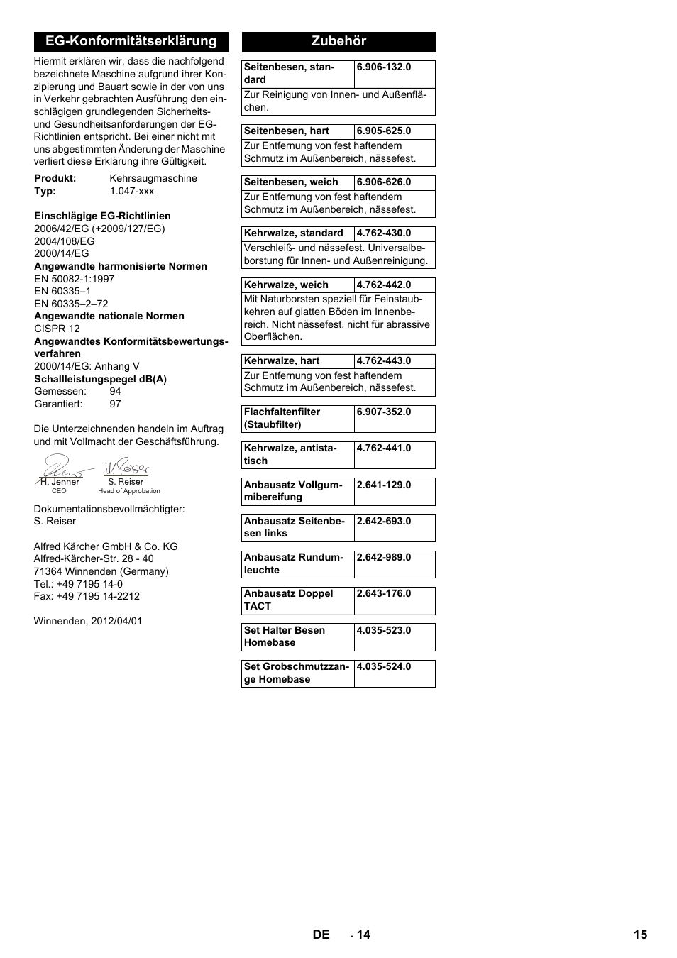 Eg-konformitätserklärung, Zubehör | Karcher KM 90-60 R P Advanced User Manual | Page 15 / 397