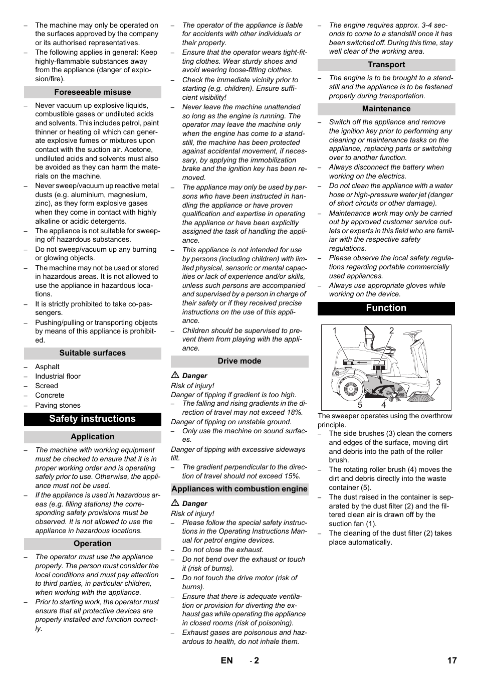 Safety instructions, Function | Karcher KM 90-60 R P Advanced User Manual | Page 17 / 397