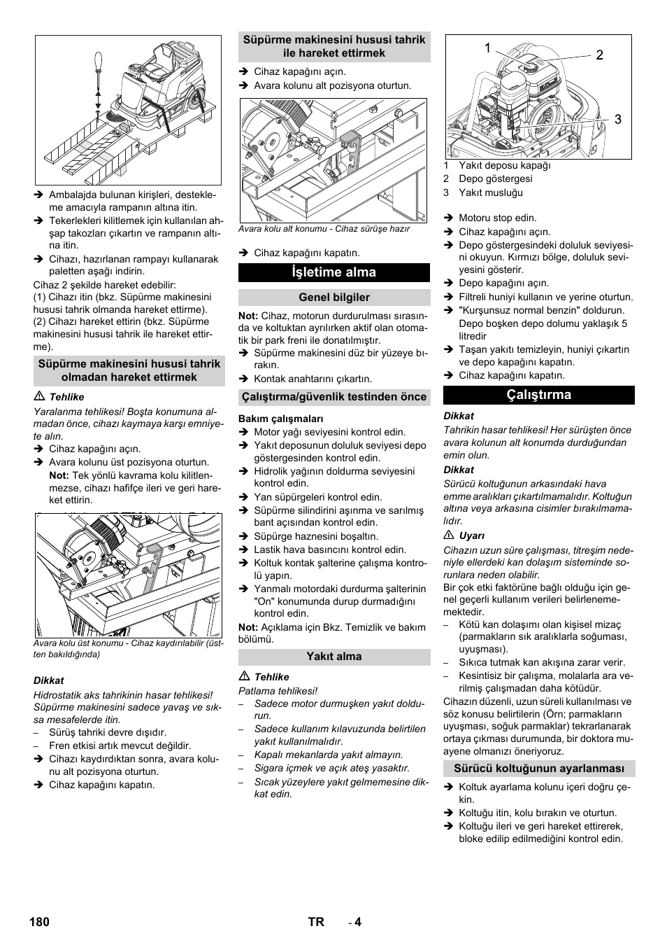 Işletime alma, Çalıştırma | Karcher KM 90-60 R P Advanced User Manual | Page 180 / 397