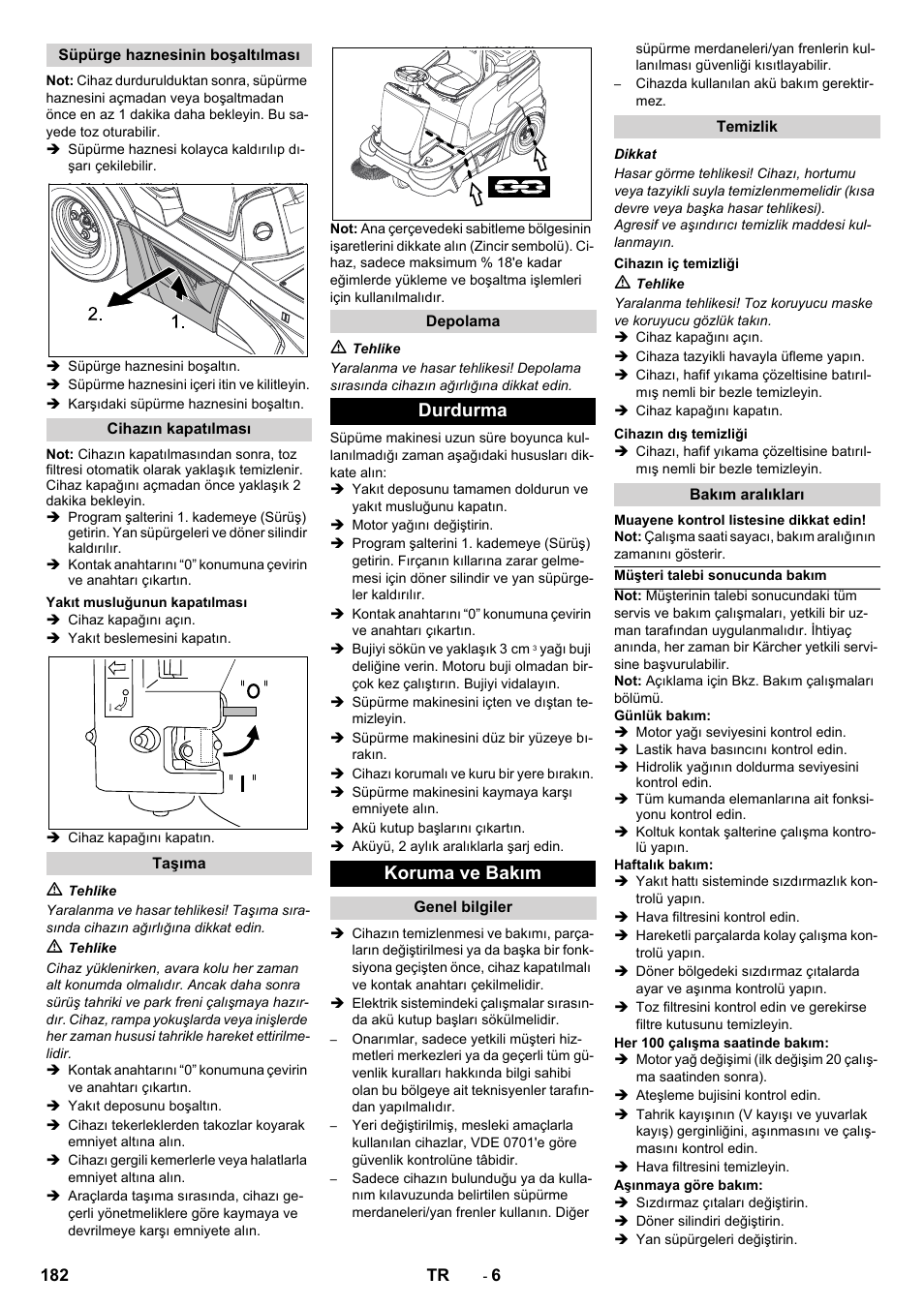 Durdurma koruma ve bakım | Karcher KM 90-60 R P Advanced User Manual | Page 182 / 397