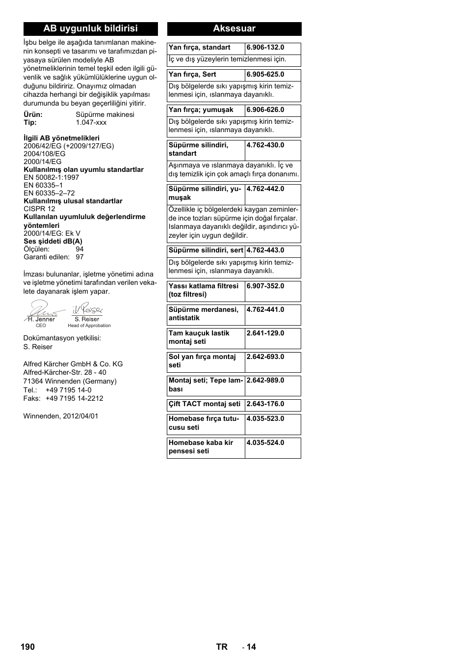 Ab uygunluk bildirisi, Aksesuar | Karcher KM 90-60 R P Advanced User Manual | Page 190 / 397