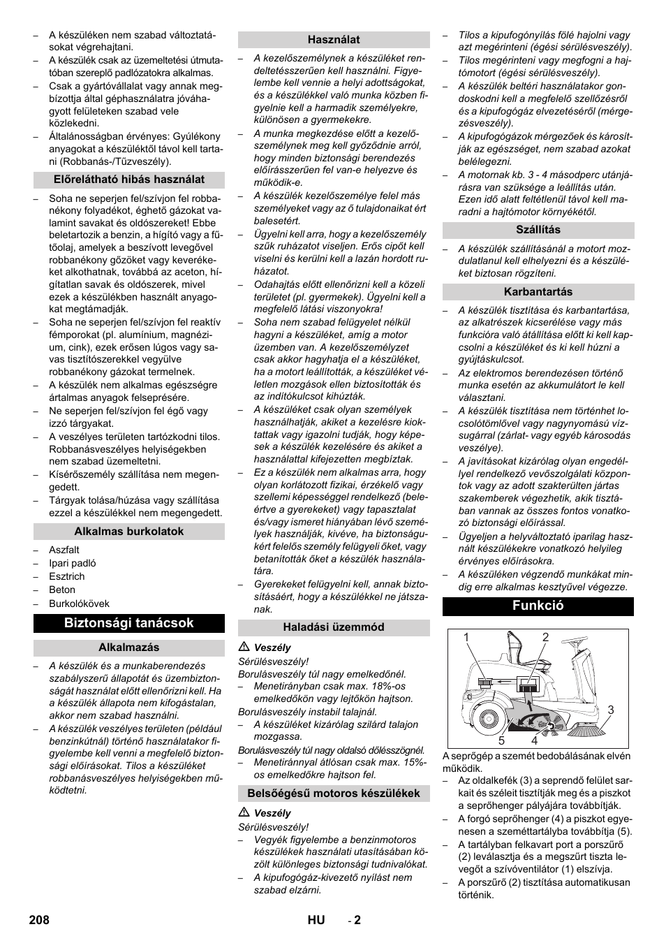 Biztonsági tanácsok, Funkció | Karcher KM 90-60 R P Advanced User Manual | Page 208 / 397