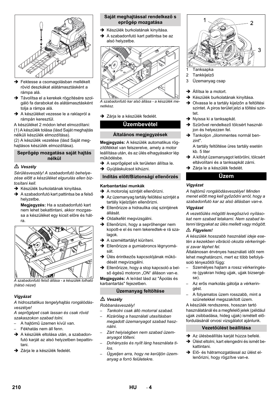 Üzembevétel, Üzem | Karcher KM 90-60 R P Advanced User Manual | Page 210 / 397