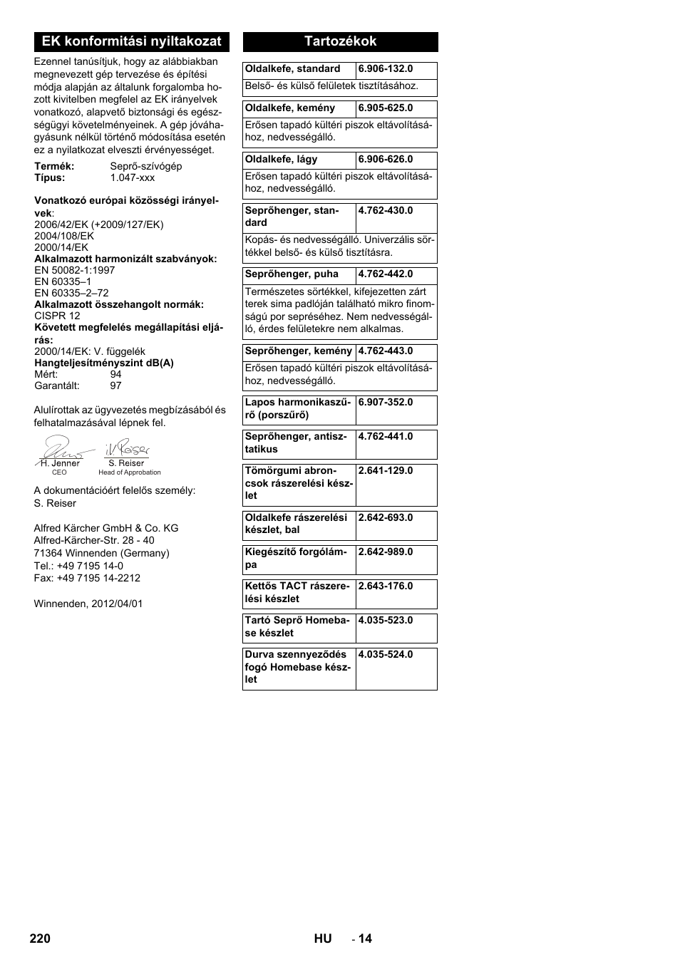 Ek konformitási nyiltakozat, Tartozékok | Karcher KM 90-60 R P Advanced User Manual | Page 220 / 397