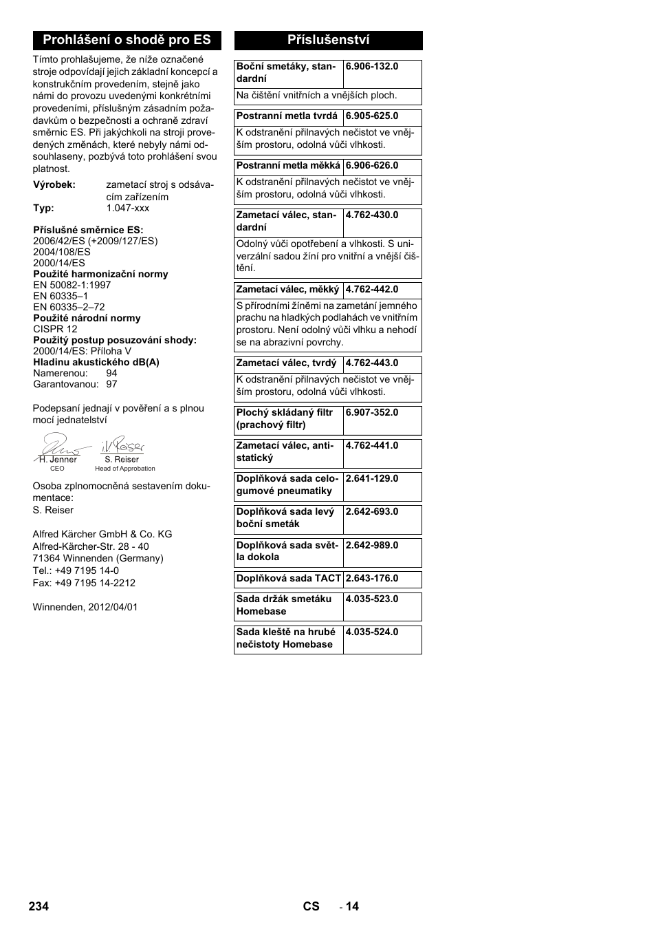 Prohlášení o shodě pro es, Příslušenství | Karcher KM 90-60 R P Advanced User Manual | Page 234 / 397