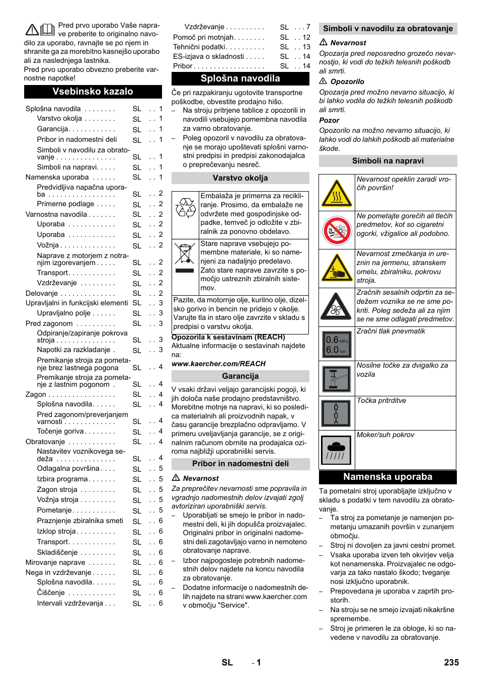 Slovenščina, Vsebinsko kazalo, Splošna navodila | Namenska uporaba | Karcher KM 90-60 R P Advanced User Manual | Page 235 / 397
