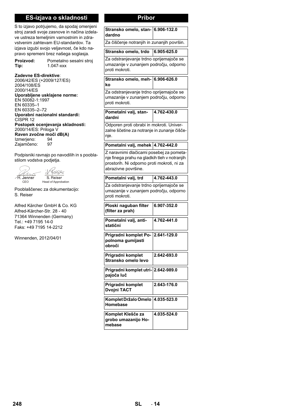 Es-izjava o skladnosti, Pribor | Karcher KM 90-60 R P Advanced User Manual | Page 248 / 397