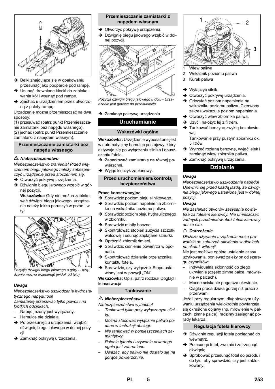 Uruchamianie, Działanie | Karcher KM 90-60 R P Advanced User Manual | Page 253 / 397
