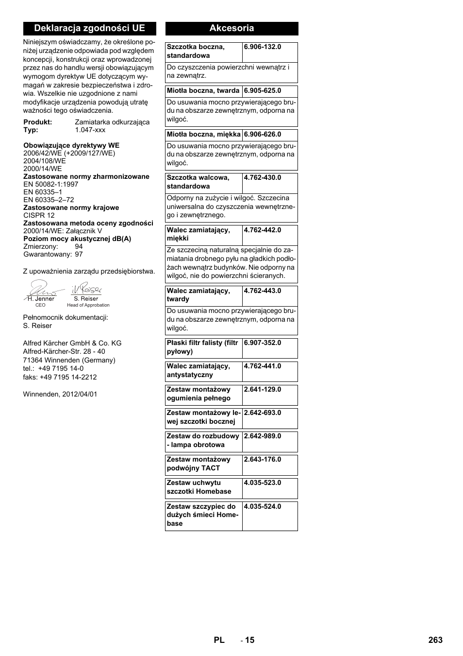 Deklaracja zgodności ue, Akcesoria | Karcher KM 90-60 R P Advanced User Manual | Page 263 / 397