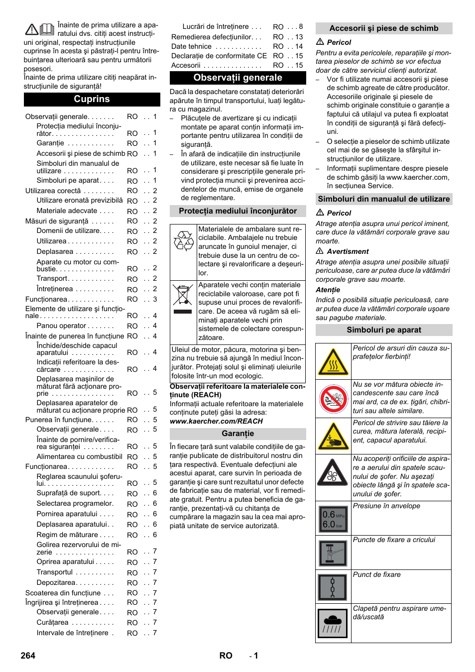 Româneşte, Cuprins, Observaţii generale | Karcher KM 90-60 R P Advanced User Manual | Page 264 / 397