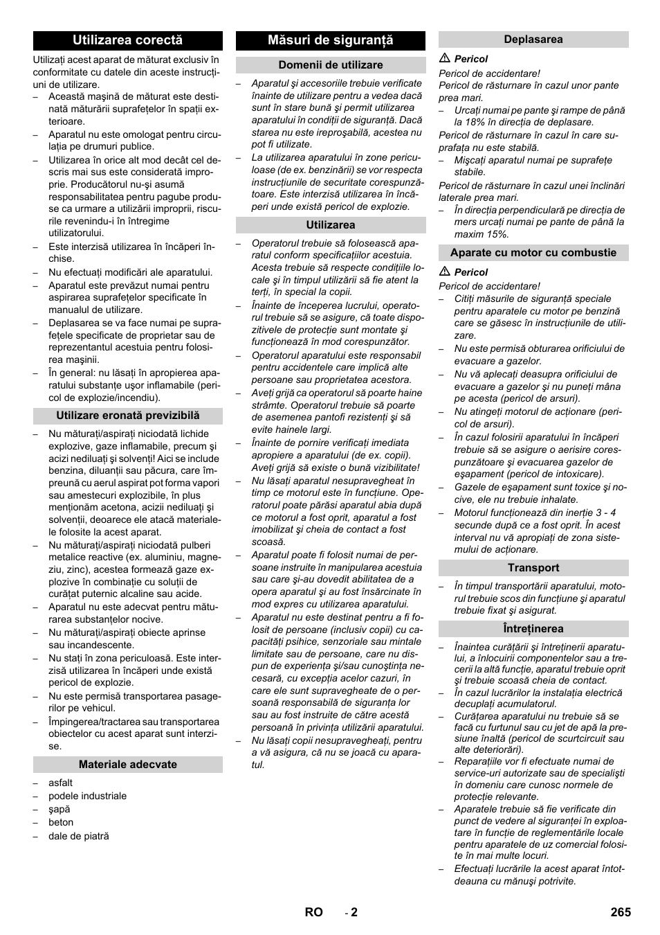 Utilizarea corectă, Măsuri de siguranţă | Karcher KM 90-60 R P Advanced User Manual | Page 265 / 397