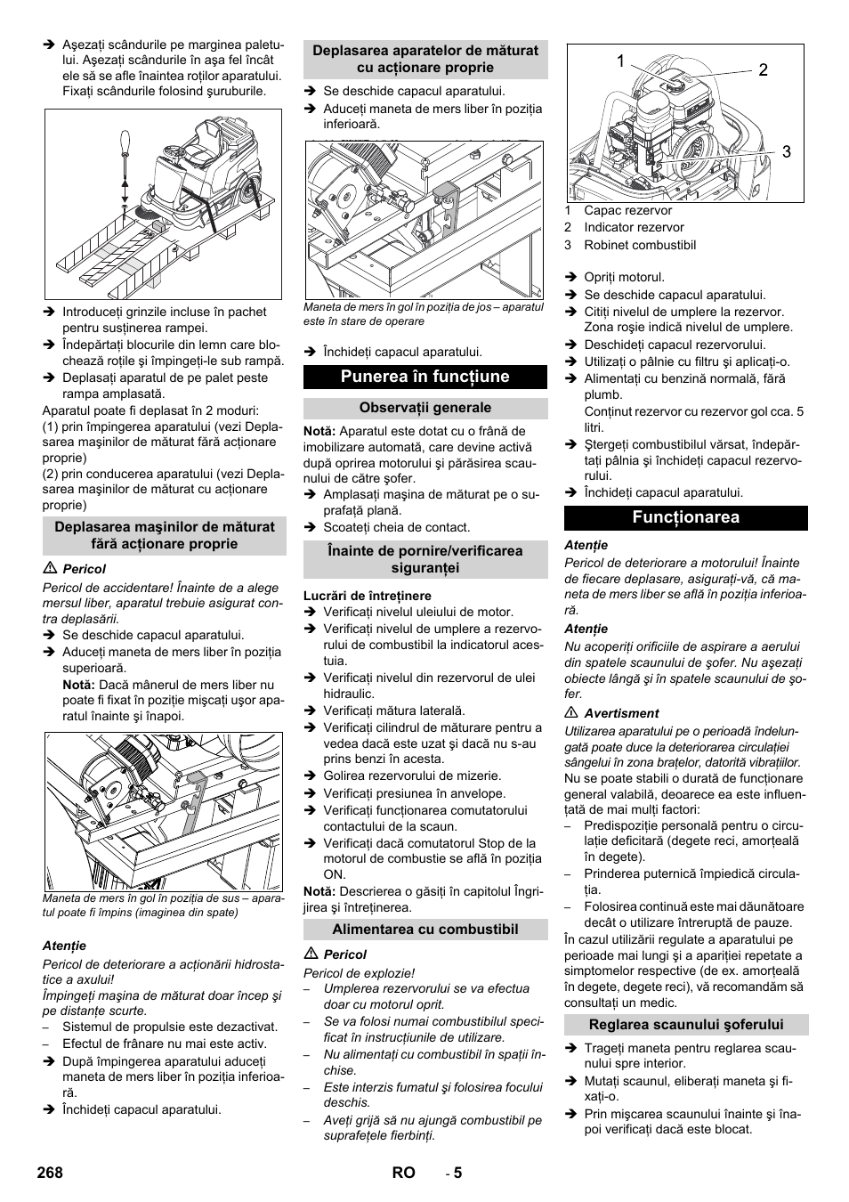 Punerea în funcţiune, Funcţionarea | Karcher KM 90-60 R P Advanced User Manual | Page 268 / 397