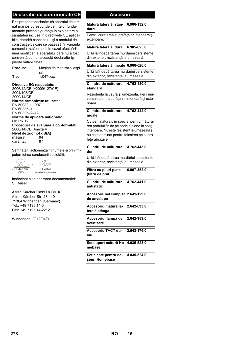 Declaraţie de conformitate ce, Accesorii | Karcher KM 90-60 R P Advanced User Manual | Page 278 / 397