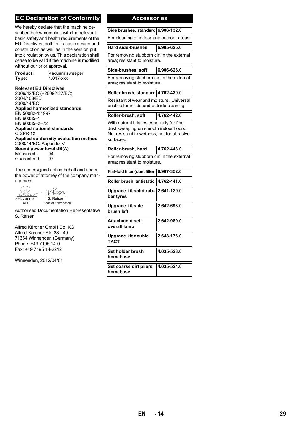 Ec declaration of conformity, Accessories | Karcher KM 90-60 R P Advanced User Manual | Page 29 / 397