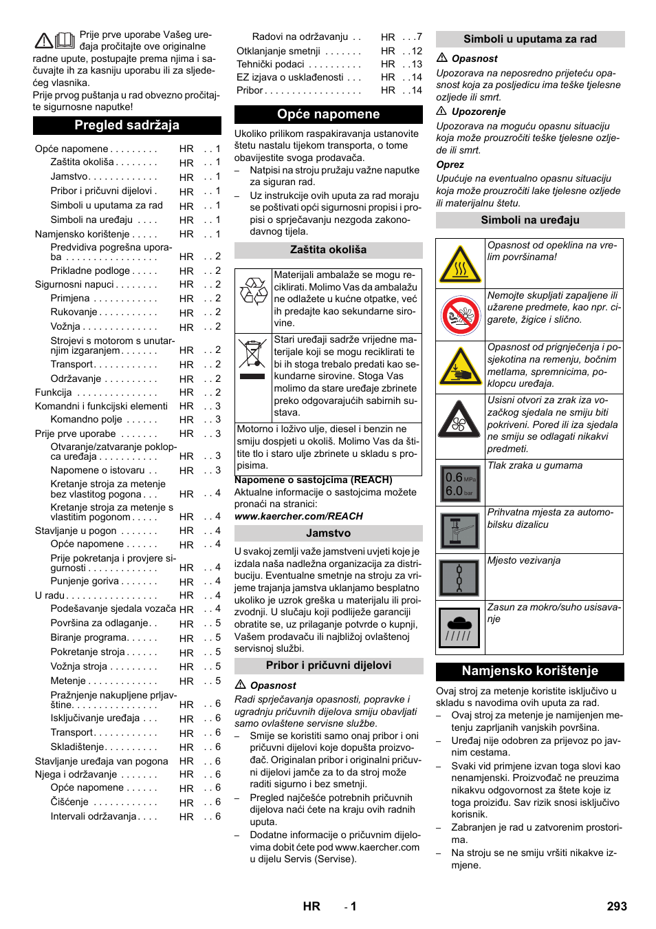 Hrvatski, Pregled sadržaja, Opće napomene | Namjensko korištenje | Karcher KM 90-60 R P Advanced User Manual | Page 293 / 397