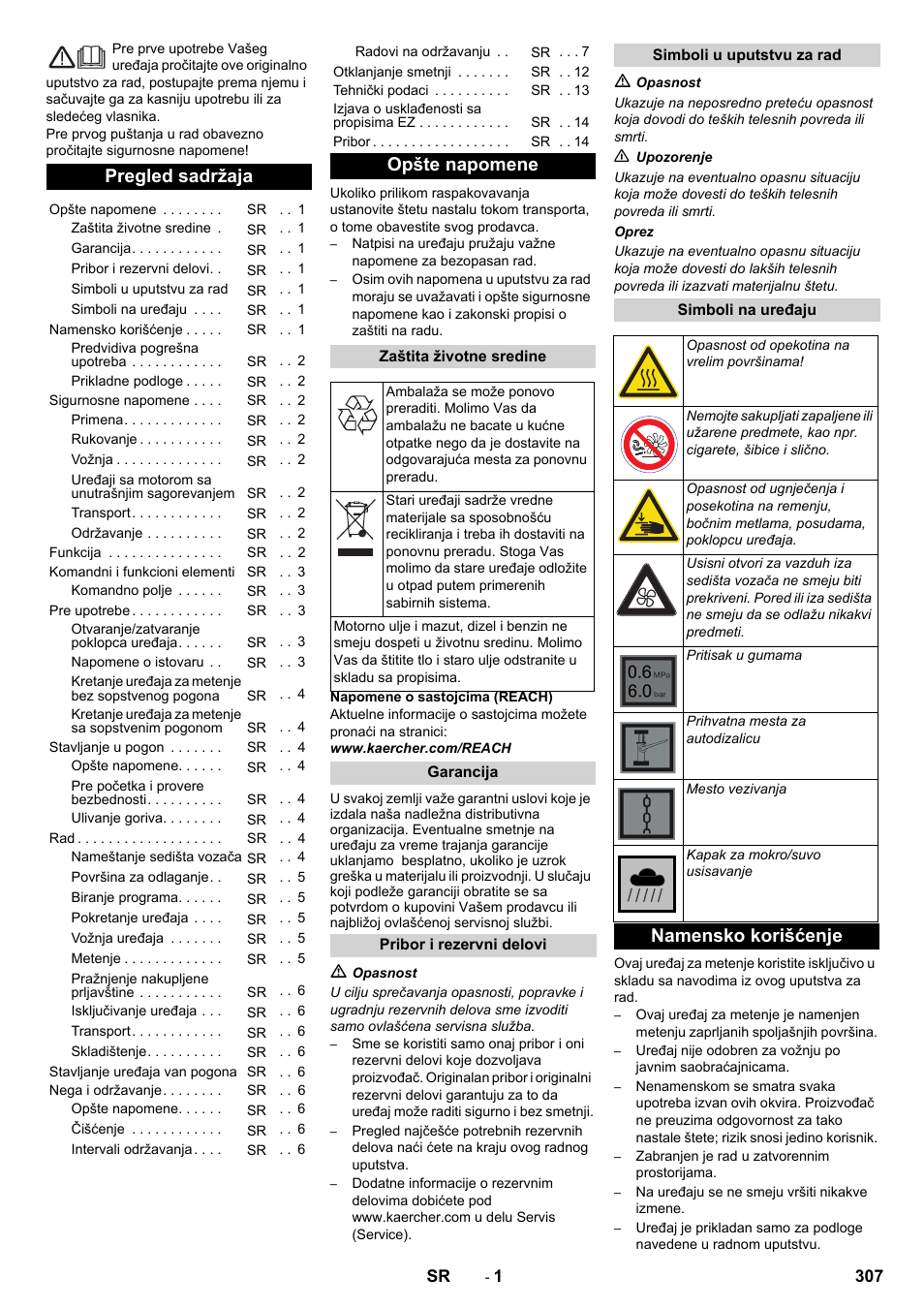 Srpski, Pregled sadržaja, Opšte napomene | Namensko korišćenje | Karcher KM 90-60 R P Advanced User Manual | Page 307 / 397