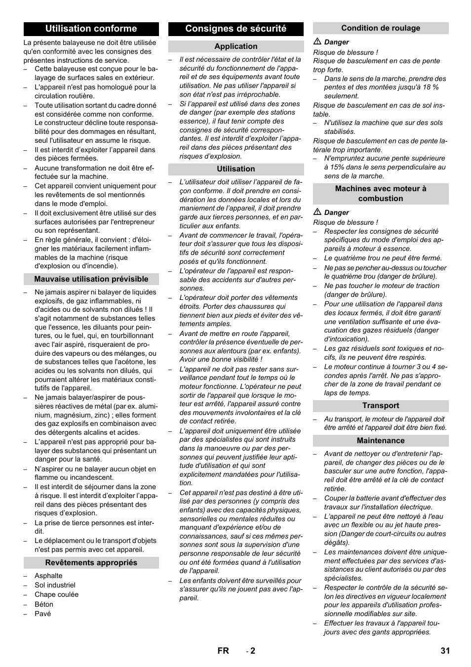 Utilisation conforme, Consignes de sécurité | Karcher KM 90-60 R P Advanced User Manual | Page 31 / 397