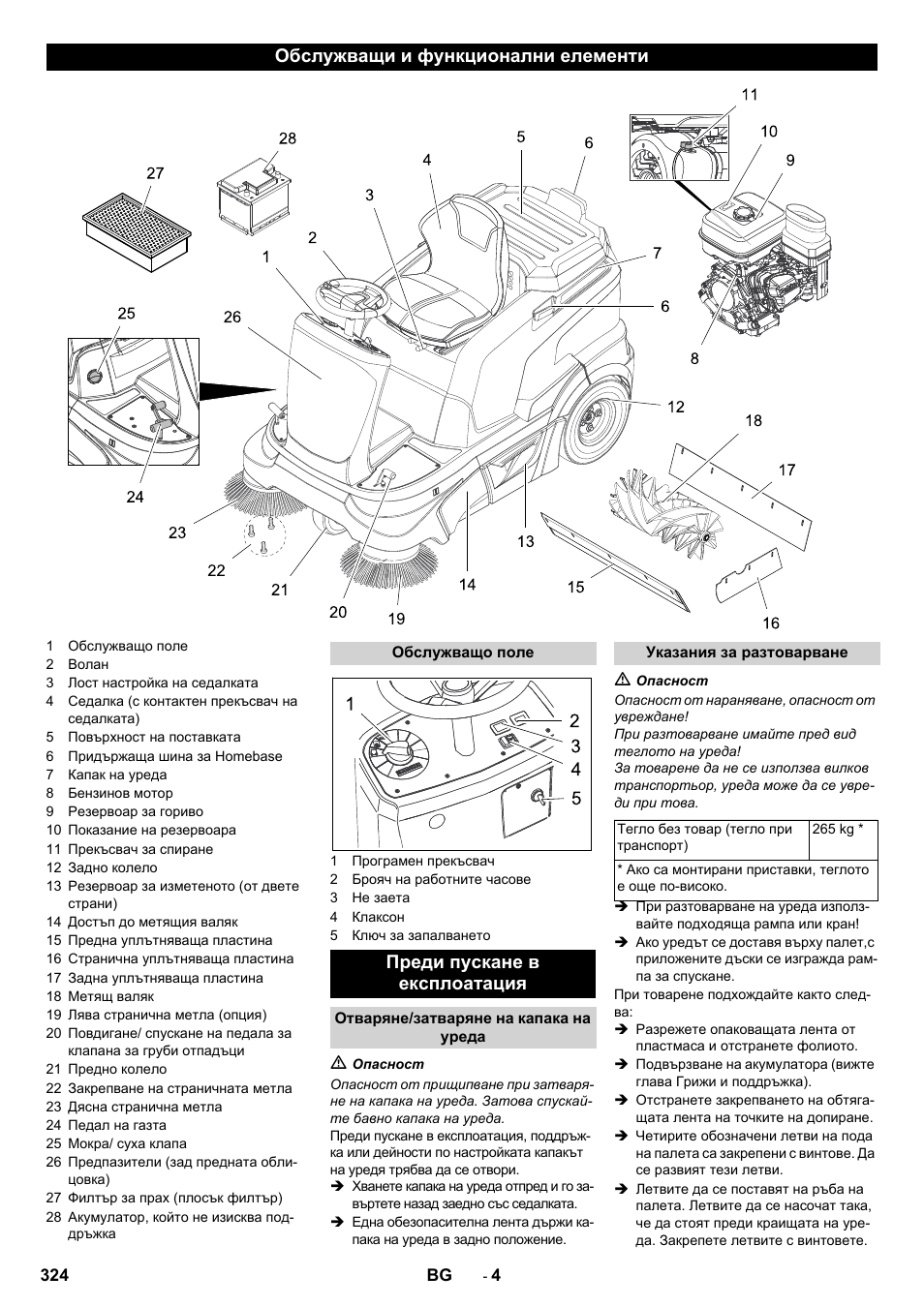 Обслужващи и функционални елементи, Преди пускане в експлоатация | Karcher KM 90-60 R P Advanced User Manual | Page 324 / 397