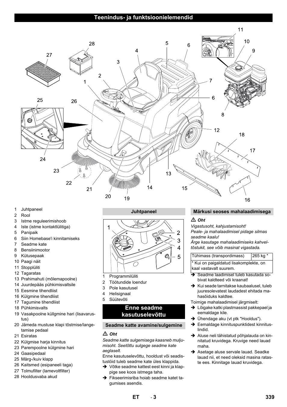 Teenindus- ja funktsioonielemendid, Enne seadme kasutuselevõttu | Karcher KM 90-60 R P Advanced User Manual | Page 339 / 397