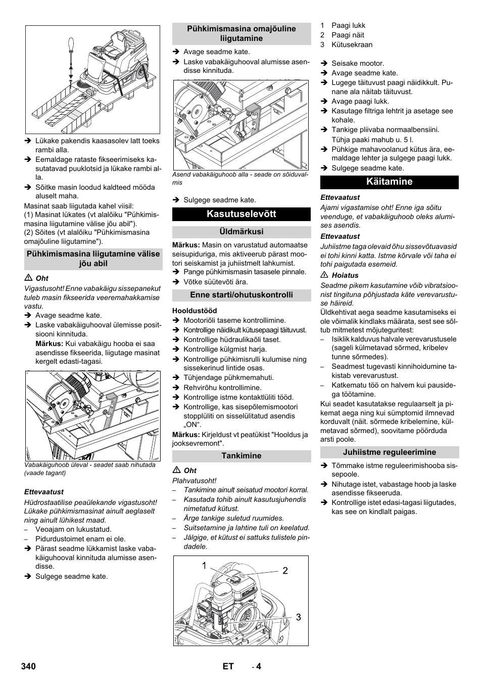 Kasutuselevõtt, Käitamine | Karcher KM 90-60 R P Advanced User Manual | Page 340 / 397