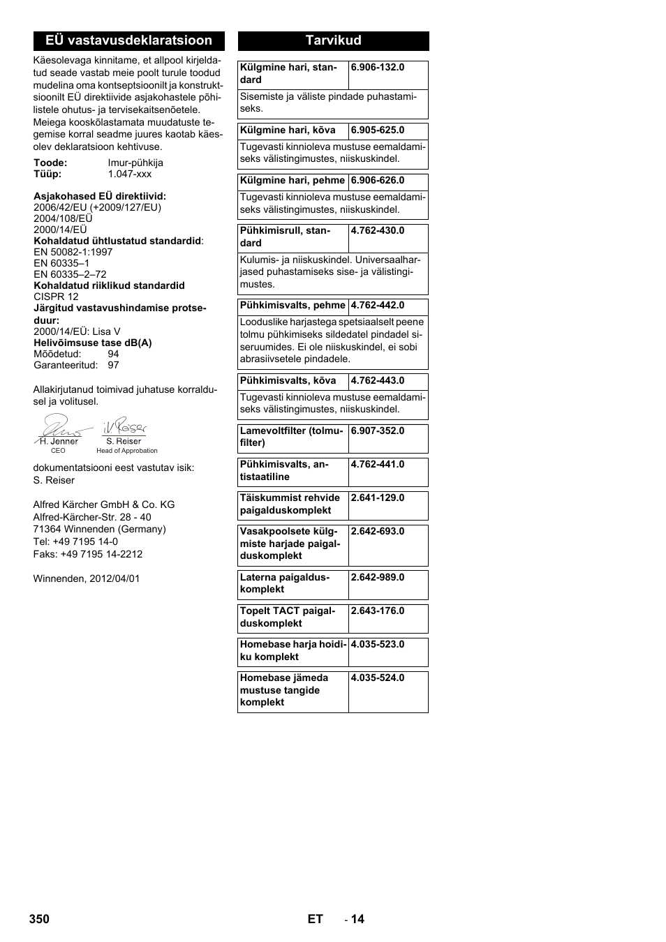 Eü vastavusdeklaratsioon, Tarvikud | Karcher KM 90-60 R P Advanced User Manual | Page 350 / 397