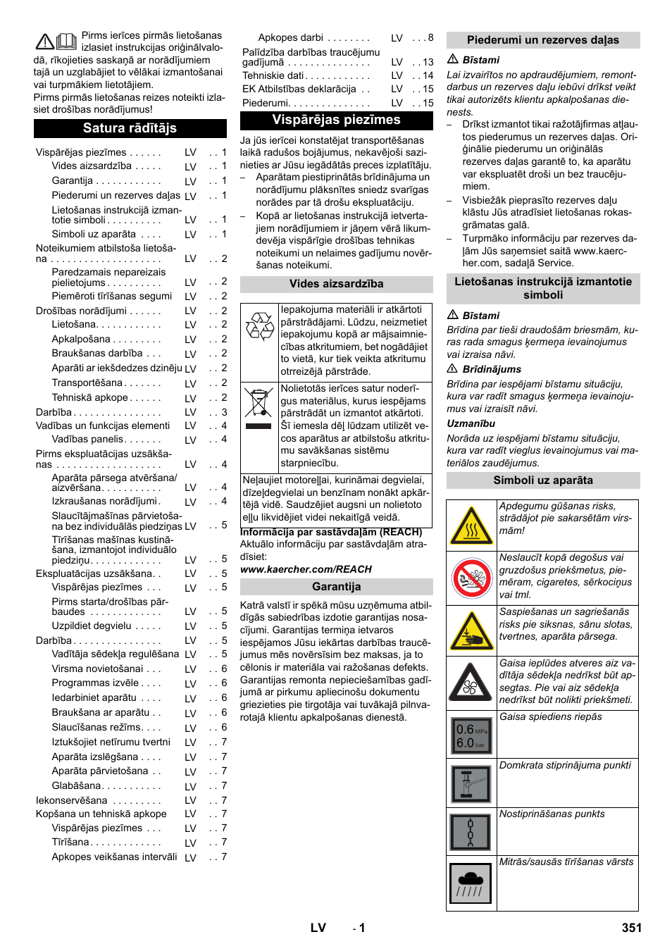 Latviešu, Satura rādītājs, Vispārējas piezīmes | Karcher KM 90-60 R P Advanced User Manual | Page 351 / 397