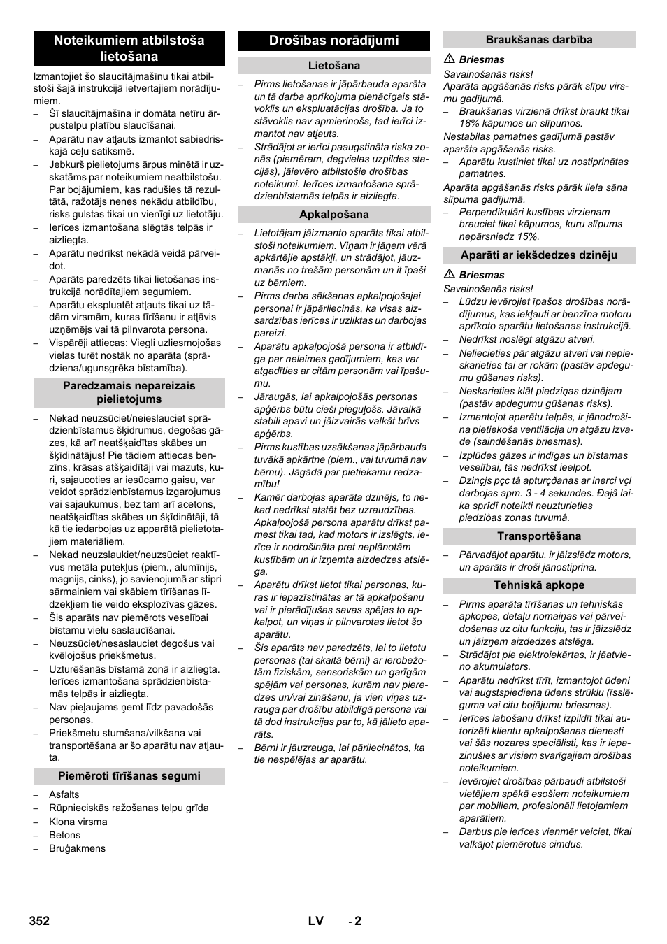 Drošības norādījumi | Karcher KM 90-60 R P Advanced User Manual | Page 352 / 397