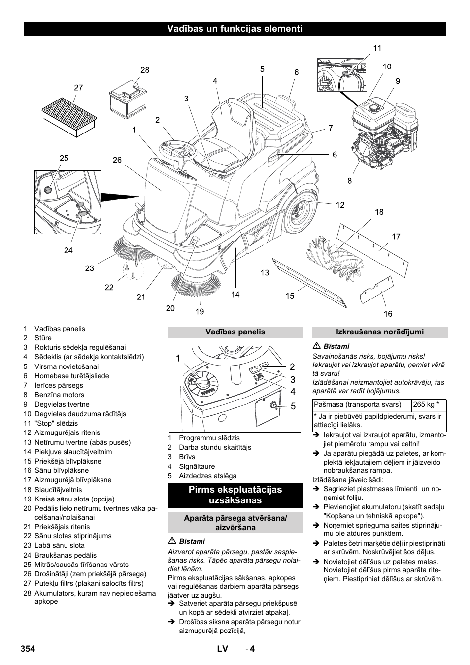 Vadības un funkcijas elementi, Pirms ekspluatācijas uzsākšanas | Karcher KM 90-60 R P Advanced User Manual | Page 354 / 397