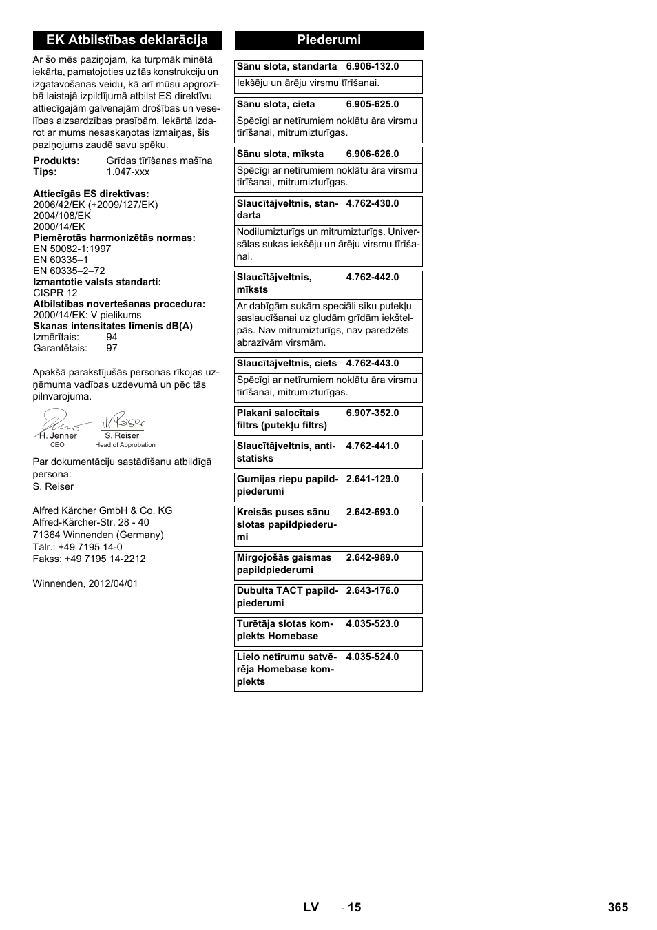 Ek atbilstības deklarācija, Piederumi | Karcher KM 90-60 R P Advanced User Manual | Page 365 / 397