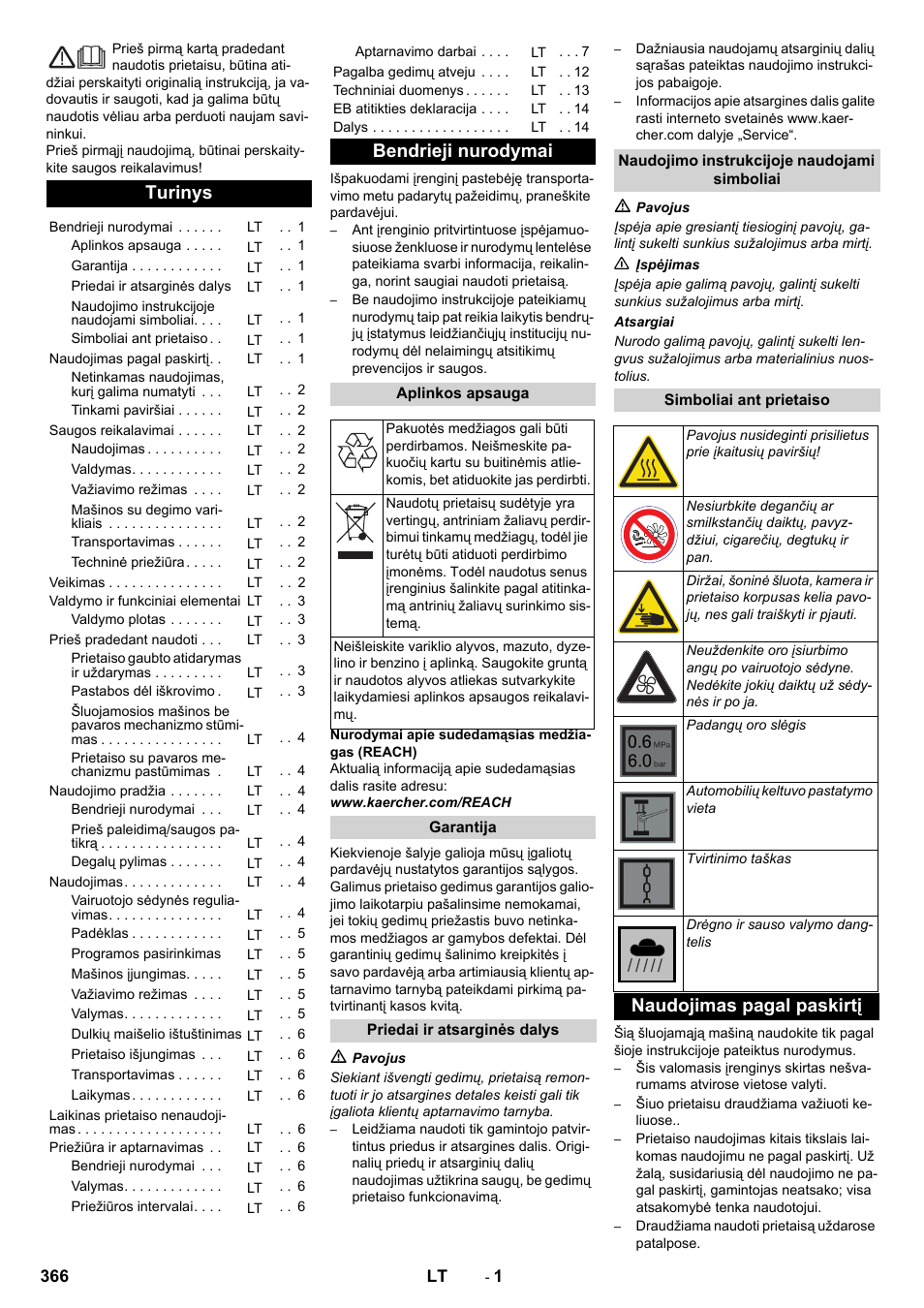 Lietuviškai, Turinys, Bendrieji nurodymai | Naudojimas pagal paskirtį | Karcher KM 90-60 R P Advanced User Manual | Page 366 / 397