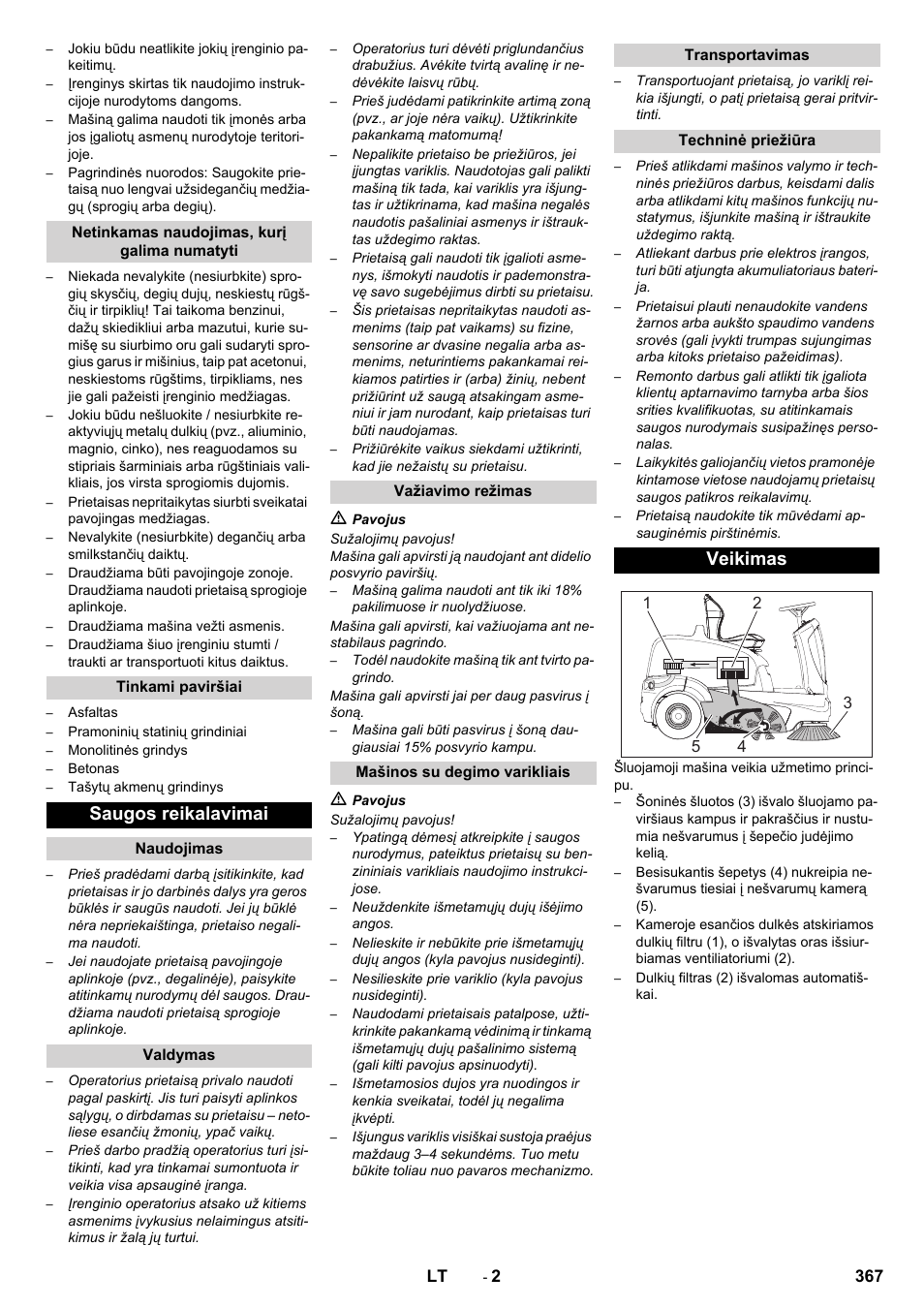 Saugos reikalavimai, Veikimas | Karcher KM 90-60 R P Advanced User Manual | Page 367 / 397