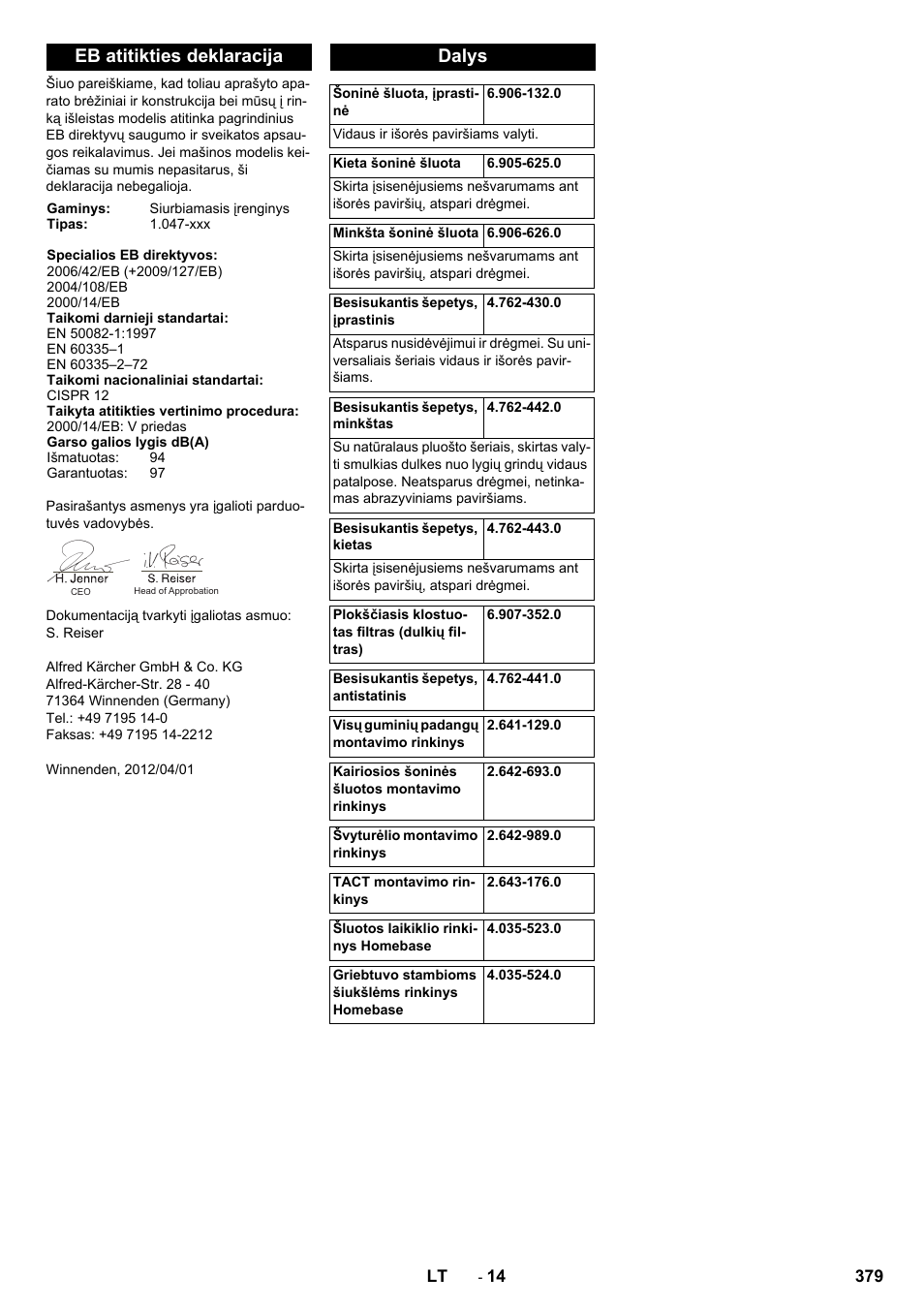 Eb atitikties deklaracija, Dalys | Karcher KM 90-60 R P Advanced User Manual | Page 379 / 397